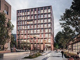 Rendering des neuen Bürogebäudes am CAMPUS V in Dornbirn.